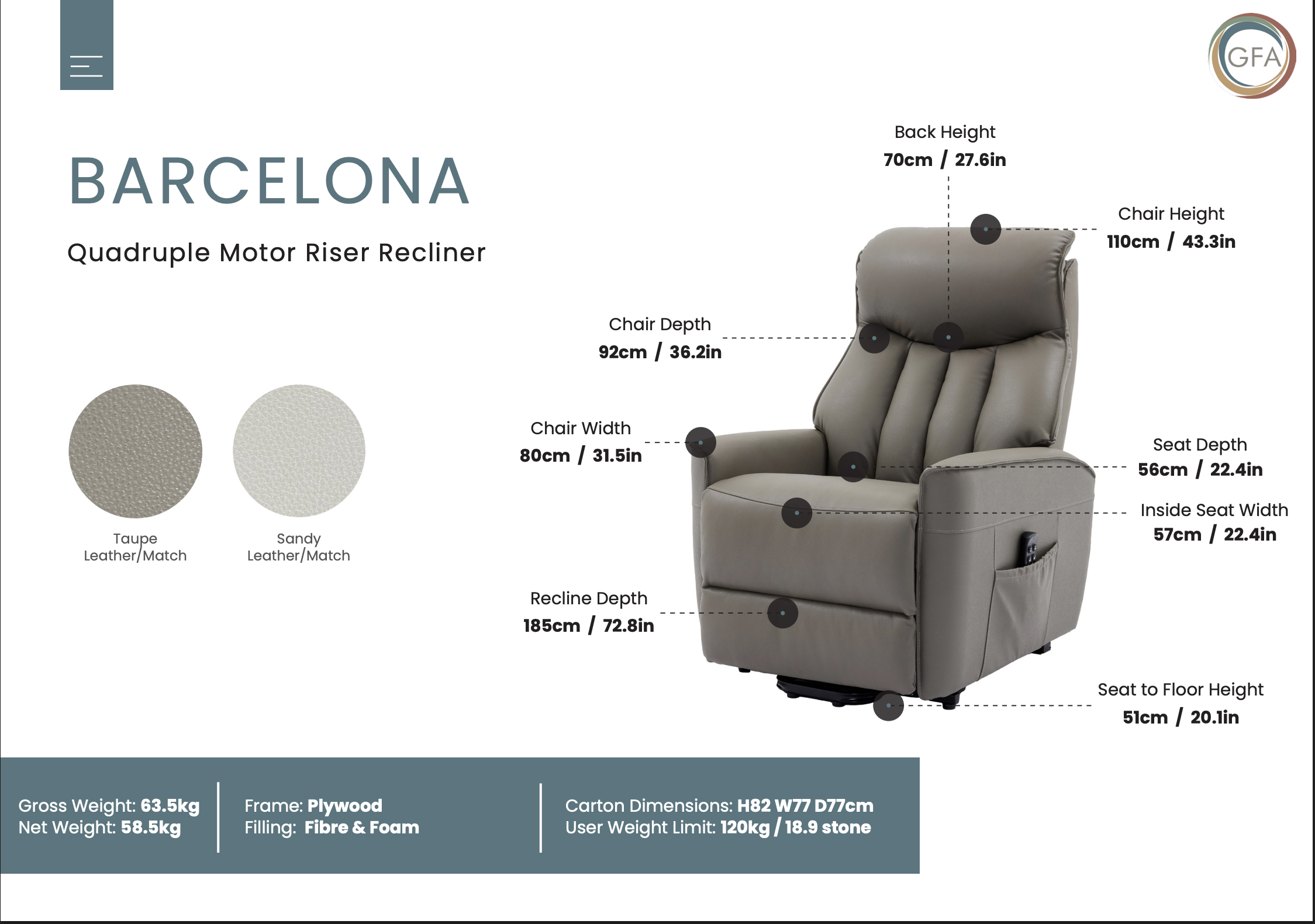Barcelona Riser Recliner Chair - Sandy Leather