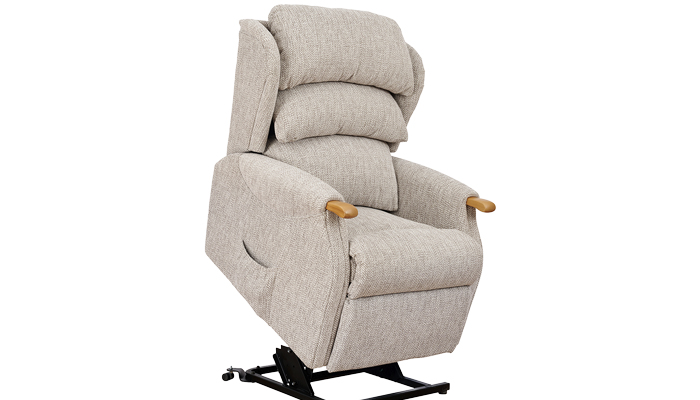 Westbury Petite Riser Recliner Chair shown in fabric with teak knuckles