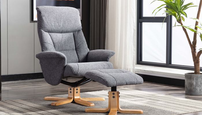 Marseille Swivel Recliner & Stool - Angled View - Slate Fabric