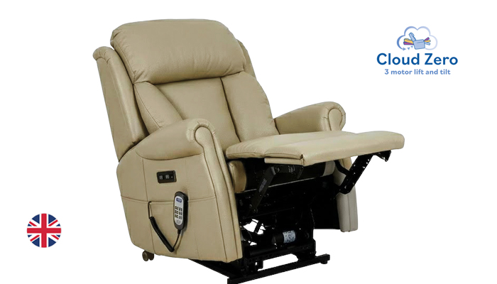 Ashfield Petite Cloud Zero Riser Recliner Chair, shown in side view, with the footrest fully elevate