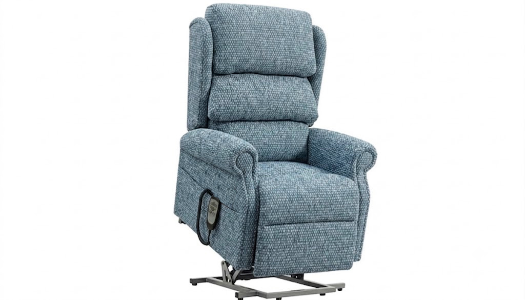 Standard electric riser recliner chair in the fully raised stand-up position.
