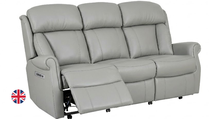 Asfield 2 seater powered reclining sofa, shown in angled view, showing the arm detailing, side wings