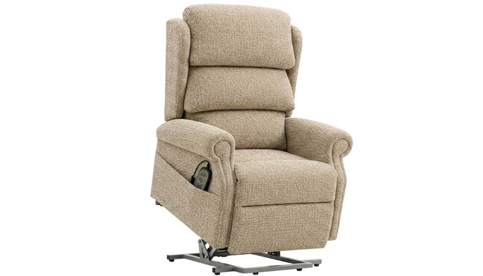 Large electric riser recliner chair in the fully raised stand-up position.