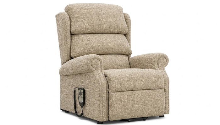 Large electric riser recliner chair in the fully raised stand-up position.