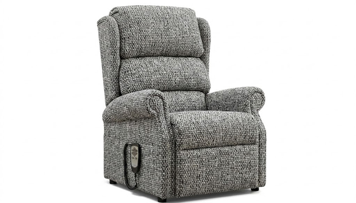 Petite electric riser recliner chair in the fully raised stand-up position.