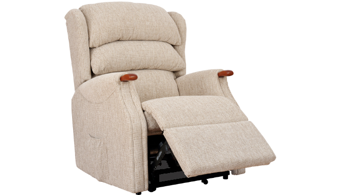 Westbury Grande Riser Recliner Chair shown in fabric with teak knuckles