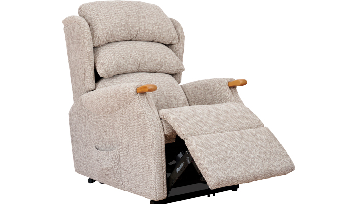 Westbury Petite Riser Recliner Chair shown in fabric with teak knuckles