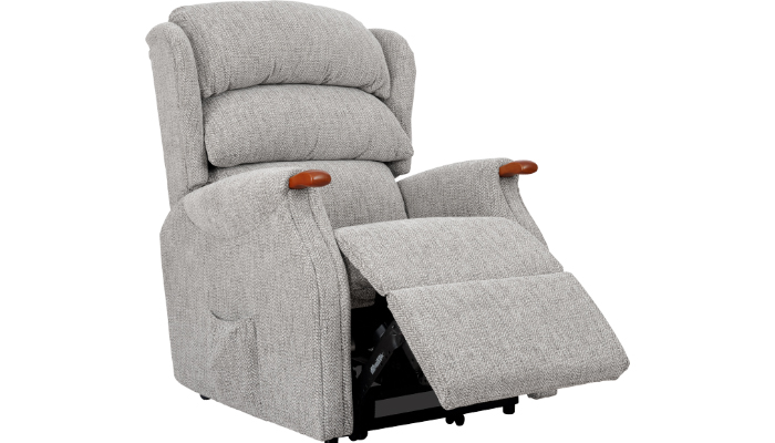 Westbury Standrad Size Riser Recliner Chair shown in fabric with teak knuckles