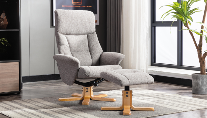 Marseille Swivel Recliner & Stool - Angled View - Fossil Fabric