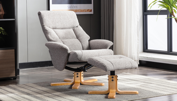 Marseille Swivel Recliner & Stool - Reclined View - Fossil Fabric