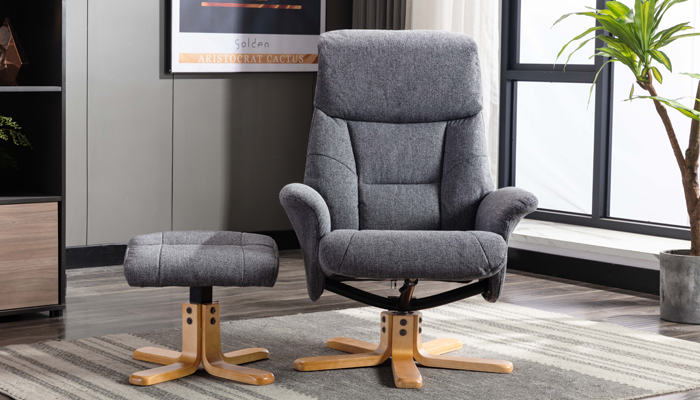 Marseille Swivel Recliner & Stool - Angled View - Slate Fabric