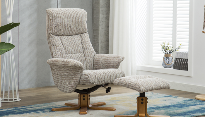 Marseille Swivel Recliner & Stool - Angled View - Wheat Fabric