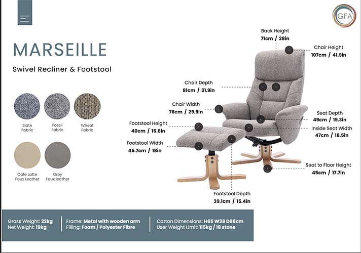Marseille Swivel Recliner & Stool - Angled View - Wheat Fabric