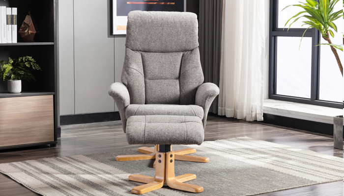 Marseille Swivel Recliner & Stool - Side View - Fossil Fabric