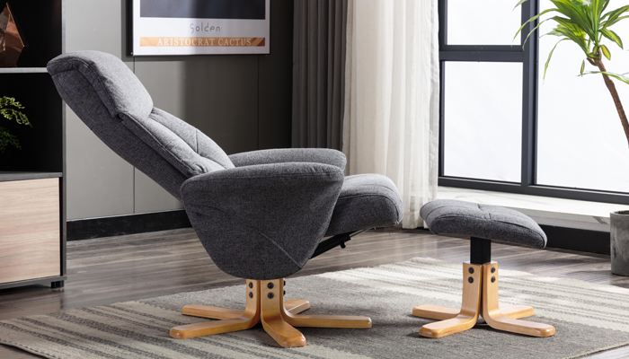 Marseille Swivel Recliner & Stool - Angled View - Slate Fabric