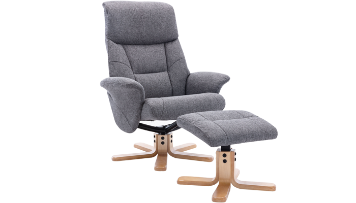 Marseille Swivel Recliner & Stool - Angled View - Grey Fabric