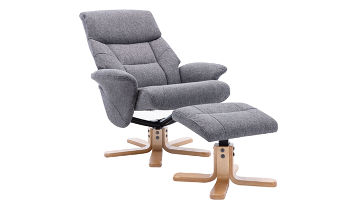 Marseille Swivel Recliner & Stool - Reclined View - Grey Fabric