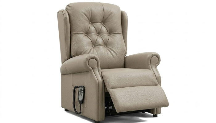 Thirsk Petite Riser Recliner in seated position with legrest slightly raised.