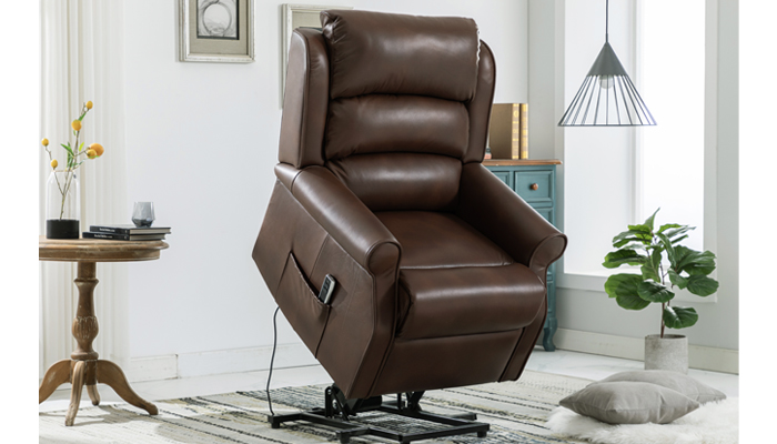 Waltham Brown Riser Recliner in Raised Position