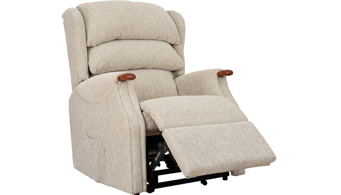 Westbury Grande Riser Recliner Chair shown in fabric with teak knuckles