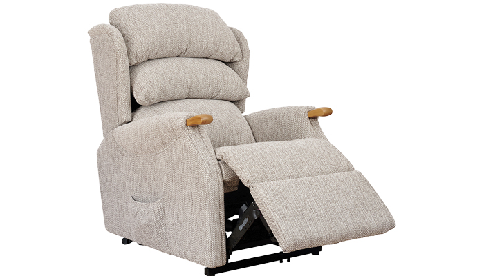 Westbury Petite Riser Recliner Chair shown in fabric with teak knuckles