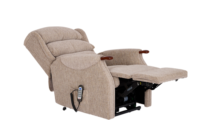 Westbury Grande Riser Recliner Chair shown in fabric with teak knuckles